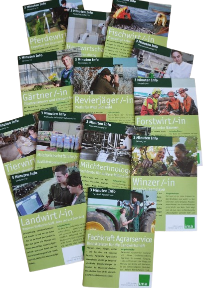 Collage aus 13 Flyer-Titelseiten zu „grünen Berufen“